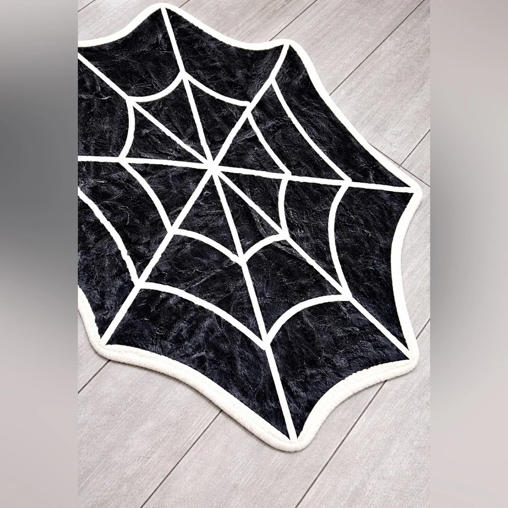 Small Halloween Spiderweb Accent Rug – Black & White Decorative Floor Mat for Ba